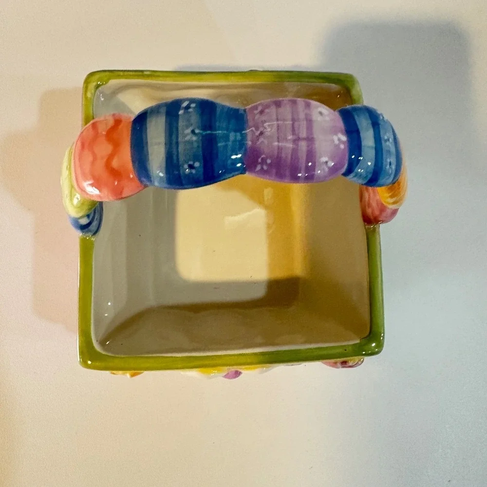 Ceramic Easter Bunny Basket Candy Dish Yellow Blue Tulip Relief 6.5